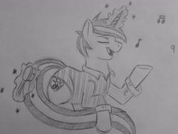 Size: 2560x1920 | Tagged: safe, artist:subimaru_kai, derpibooru import, oc, oc only, oc:snowy, pony, unicorn, brush, brushing, magic, male, monochrome, solo, tail, traditional art