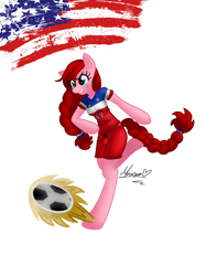 Size: 920x1227 | Tagged: safe, artist:maranora, derpibooru import, oc, oc only, oc:cherryfiller, anthro, american flag, anthro oc, arm hooves, braid, clothes, football, grin, kicking, shorts, smirk, solo, united states, world cup