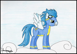 Size: 1280x906 | Tagged: safe, artist:jacsveus, derpibooru import, soarin', solo, traditional art, wonderbolts uniform