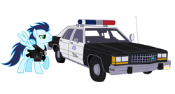 Size: 1024x548 | Tagged: safe, artist:artistbrony, derpibooru import, soarin', car, crown victoria, ford, police, police car, police officer, police uniform, solo