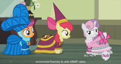 Size: 1439x761 | Tagged: safe, screencap, apple bloom, scootaloo, sweetie belle, for whom the sweetie belle toils, cutie mark crusaders, hub logo, meme, youtube caption