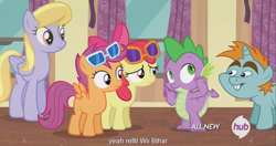 Size: 1440x761 | Tagged: safe, screencap, apple bloom, scootaloo, snips, spike, dragon, for whom the sweetie belle toils, hub logo, meme, youtube caption