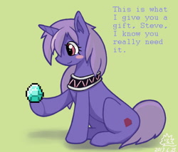 Size: 800x686 | Tagged: safe, artist:ashwolf, derpibooru import, oc, oc only, oc:myosotis sylvatica, blushing, diamond, hoof hold, minecraft, necklace, present, sitting, smiling, solo