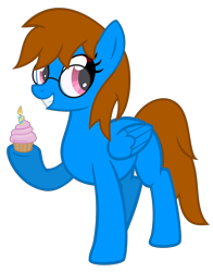 Size: 2200x2800 | Tagged: safe, artist:the smiling pony, oc, oc only, oc:sunnyside, pegasus, pony, cupcake, female, glasses, grin, hoof hold, looking at you, mare, simple background, smiling, solo, transparent background