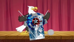 Size: 683x384 | Tagged: safe, edit, edited screencap, screencap, bald eagle, eagle, may the best pet win, captain america, clothes, knitting, shirt