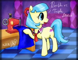 Size: 792x612 | Tagged: safe, artist:prime_alpha, coco pommel, earth pony, pony, female, mare, sewing machine, solo, two toned mane, white coat
