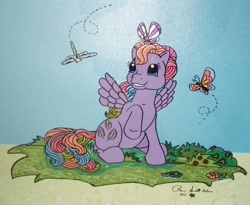 Size: 750x614 | Tagged: safe, artist:lilsugarberry, derpibooru import, tickle (g1), butterfly, dragonfly, insect, pegasus, pony, g1, animation cel, bush, female, flower, grass, mare, one hoof raised, signature, sitting, smiling, traditional art