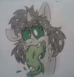 Size: 589x608 | Tagged: safe, artist:awelistico, oc, oc only, changeling, drool, green changeling, green tongue, slime, solo, tongue out