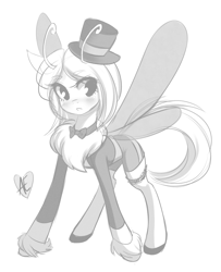 Size: 1280x1575 | Tagged: safe, artist:spittfireart, derpibooru import, oc, oc only, oc:sepia, mothpony, original species, blushing, bowtie, clothes, hat, monochrome, shoes, solo