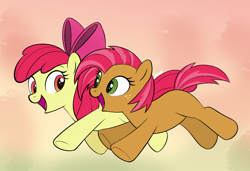 Size: 964x661 | Tagged: safe, artist:mn27, derpibooru import, apple bloom, babs seed, earth pony, apple bloom's bow, female, filly, hair bow, red mane, yellow coat