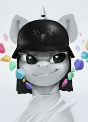 Size: 500x696 | Tagged: dead source, safe, artist:pig-fish, derpibooru import, maud pie, earth pony, pony, bust, female, gem, helmet, mare, pickelhaube, rock candy, rock candy necklace, smiling, smirk, solo, starry eyes, when she smiles, wingding eyes