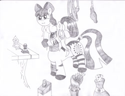 Size: 3308x2552 | Tagged: safe, artist:mc-ryan, derpibooru import, apple bloom, zecora, zebra, candle, happy, heart's desire, monochrome, pony hat, potion