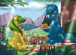 Size: 1250x909 | Tagged: safe, artist:siberwar, apple fritter, oc, oc:midnight rush, earth pony, pegasus, pony, apple family member, blushing, canon x oc, food, kettle, male, outdoors, picnic, sharing, shipping, straight, tea