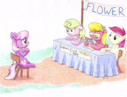 Size: 2164x1652 | Tagged: safe, artist:philo5, derpibooru import, cheerilee, daisy, flower wishes, lily, lily valley, roseluck, banner, floppy ears, flower trio, frown, glasses, gritted teeth, leaning, lip bite, nervous, raised eyebrow, reading, sitting, table, traditional art