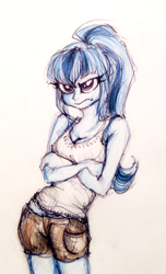 Size: 719x1183 | Tagged: safe, artist:buttersprinkle, sonata dusk, equestria girls, angry, clothes, grumpy, shorts, solo, tanktop, traditional art