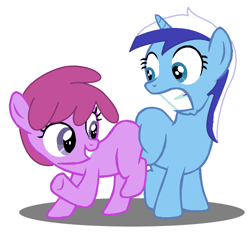 Size: 956x904 | Tagged: safe, artist:jcking101, derpibooru import, edit, berry punch, berryshine, minuette, earth pony, pony, unicorn, butt bump, butt to butt, butt touch, filly, no tail