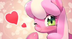 Size: 1980x1080 | Tagged: safe, artist:aruurara, cheerilee, earth pony, pony, blushing, cheeribetes, cute, female, heart, mare, one eye closed, pixiv, smiling, solo, wink