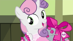 Size: 1920x1080 | Tagged: safe, screencap, sweetie belle, for whom the sweetie belle toils, hub logo, no eyelashes, solo