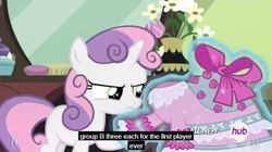 Size: 628x352 | Tagged: safe, screencap, sweetie belle, for whom the sweetie belle toils, clothes, dress, hub logo, meme, mirror, solo, youtube caption