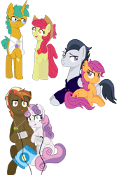 Size: 600x900 | Tagged: safe, artist:ponbet10, apple bloom, button mash, rumble, scootaloo, snails, sweetie belle, clothes, female, male, older, rumbloo, shipping, snailbloom, straight, sweetiemash