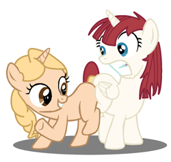 Size: 958x908 | Tagged: safe, artist:jcking101, derpibooru import, edit, oc, oc only, oc:fausticorn, oc:taralicious, alicorn, pony, unicorn, butt bump, butt to butt, butt touch, filly, frown, grin, gritted teeth, lauren faust, raised leg, smiling, tara strong, wide eyes