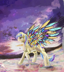 Size: 2111x2381 | Tagged: safe, artist:owlvortex, derpibooru import, oc, oc only, crystal pony, pegasus, pony, cloud, cloudy, looking up, raised hoof, solo, spread wings, stained glass wings