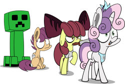 Size: 1861x1251 | Tagged: safe, artist:zacatron94, derpibooru import, apple bloom, scootaloo, sweetie belle, creeper, crossover, cutie mark crusaders, minecraft, moody mark crusaders