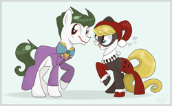 Size: 4681x2886 | Tagged: safe, artist:balloons504, batman, batman the animated series, clothes, dc comics, female, harley quinn, heart, mad love, male, ponified, straight, the joker