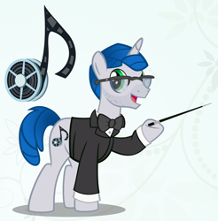 Size: 500x509 | Tagged: safe, artist:pixelkitties, derpibooru import, oc, oc only, pony, bowtie, conductor, conductor's baton, five o'clock shadow, glasses, hoof hold, ponified, solo, steffan andrews