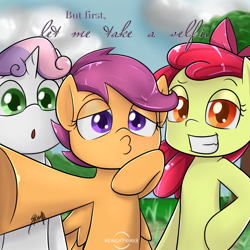 Size: 2000x2000 | Tagged: safe, artist:midnightpremiere, derpibooru import, apple bloom, scootaloo, sweetie belle, cutie mark crusaders, duckface, selfie, the chainsmokers