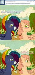 Size: 541x1164 | Tagged: safe, artist:tinuleaf, derpibooru import, oc, oc only, oc:cloud puff, oc:windfall apple, ask rainbow dash family, offspring, parent:big macintosh, parent:fluttershy, parent:rainbow dash, parent:soarin', parents:fluttermac, parents:soarindash, tumblr