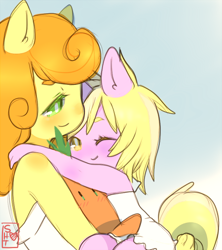 Size: 450x506 | Tagged: safe, artist:shickietan, derpibooru import, carrot top, dinky hooves, golden harvest, anthro, ambiguous facial structure, cute, holding