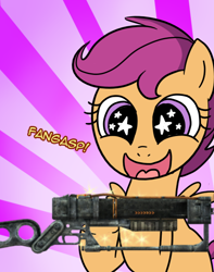 Size: 494x628 | Tagged: safe, derpibooru import, scootaloo, energy weapon, exploitable meme, fallout, fangasp meme, gun, laser rifle, meme, rifle, solo, weapon