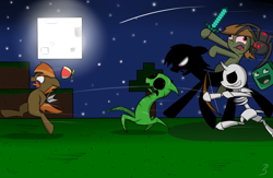 Size: 2000x1300 | Tagged: safe, artist:pandramodo, derpibooru import, button mash, earth pony, giant spider, pony, spider, zombie, arrow, awsome face, bow (weapon), bow and arrow, colt, creeper, crossover, dexterous hooves, diamond sword, don't mine at night, enderman, full moon, hat, hoof hold, male, minecraft, moon, propeller hat, running away, skeleton, slime monster, sword, weapon