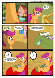 Size: 900x1280 | Tagged: safe, artist:alskylark, derpibooru import, scootaloo, book, clock, clubhouse, comic, crusaders clubhouse, solo, tree, treehouse