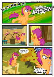 Size: 900x1280 | Tagged: safe, artist:alskylark, derpibooru import, scootaloo, clubhouse, comic, crusaders clubhouse, solo, tree, treehouse