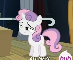 Size: 698x573 | Tagged: safe, screencap, sweetie belle, for whom the sweetie belle toils, faic, hub logo, solo