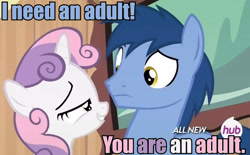 Size: 657x407 | Tagged: safe, edit, edited screencap, screencap, blues, noteworthy, sweetie belle, earth pony, pony, unicorn, for whom the sweetie belle toils, all new, bedroom eyes, caption, eye contact, female, filly, flirting, frown, grin, hub logo, i need an adult, implied foalcon, looking at each other, male, smiling, stallion, straight, text, wide eyes