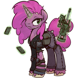 Size: 1280x1280 | Tagged: safe, artist:inlucidreverie, derpibooru import, oc, oc only, oc:paintblood, pony, unicorn, clothes, colored, dour, gun, leg strap, levitation, magic, male, saddle bag, serious, simple background, solo, torn clothes, transparent background, trap, unshorn fetlocks, weapon