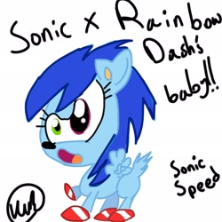 Size: 2048x2048 | Tagged: safe, artist:thepinkpony, oc, oc only, oc:sonic speed, hybrid, anti-shipping, crossover, foal, interspecies offspring, joke, offspring, parent:rainbow dash, parent:sonic the hedgehog, parents:sonicdash, parody, poe's law, solo, spawn, why