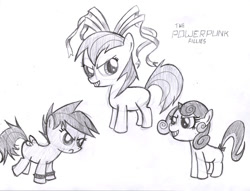 Size: 700x534 | Tagged: safe, artist:syggie, apple bloom, scootaloo, sweetie belle, crossover, cutie mark crusaders, monochrome, sketch, the powerpuff girls