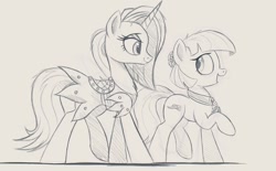 Size: 1280x794 | Tagged: safe, artist:ncmares, coco pommel, sassy saddles, monochrome, sketch, wip