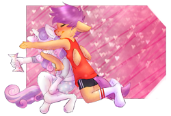 Size: 735x499 | Tagged: safe, artist:mexicats, derpibooru import, scootaloo, sweetie belle, anthro, clothes, female, from behind, lesbian, scootabelle, shipping, socks