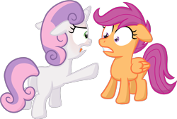 Size: 2061x1392 | Tagged: safe, artist:moemneop, scootaloo, sweetie belle, angry, floppy ears, glare, pointing, wide eyes