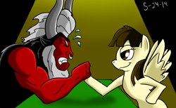 Size: 2790x1724 | Tagged: safe, artist:chchcartoons, derpibooru import, lord tirek, wild fire, pegasus, arm wrestling, brown mane, eyes closed, fangs, female, male, mare, muscles, nose ring, smiling, spread wings, table, vein bulge, white coat, wings