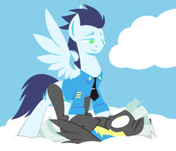 Size: 1280x1100 | Tagged: safe, artist:hoverrover, derpibooru import, soarin', thunderlane, pegasus, pony, clothes, cloud, cloudy, eye contact, gay, hooves, legs in air, lineless, lying, lying down, male, on back, shipping, sky, smiling, soarilane, spread wings, stallion, standing, wings, wonderbolt trainee uniform, wonderbolts dress uniform