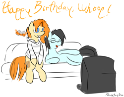 Size: 3931x3078 | Tagged: safe, artist:adventusdawn, derpibooru import, oc, oc only, oc:gray dawn, oc:whoop, birthday, lightheart, relaxing, video game