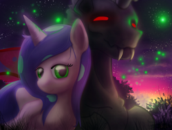 Size: 1600x1200 | Tagged: safe, artist:firgof, oc, oc only, changeling, firefly (insect), duo, sunset