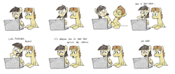 Size: 1280x543 | Tagged: safe, artist:sibsy, wild fire, oc, oc:mandopony, comic, computer, confused, female, frown, internet, laptop computer, male, mandofire, oh snap, open mouth, porn, raised eyebrow, shipping, straight, wide eyes