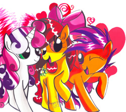 Size: 610x539 | Tagged: safe, artist:aurora-chiaro, derpibooru import, apple bloom, scootaloo, sweetie belle, cutie mark crusaders, older, wink